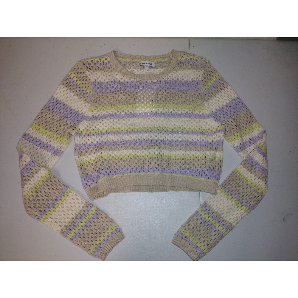 Motherhood Maternity Cropped Pointelle Sweater Pastel Striped Crew Neck Medium